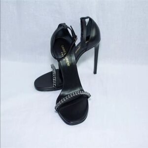 Saint Laurent Black Leather Chain-Strap Stiletto Sandals